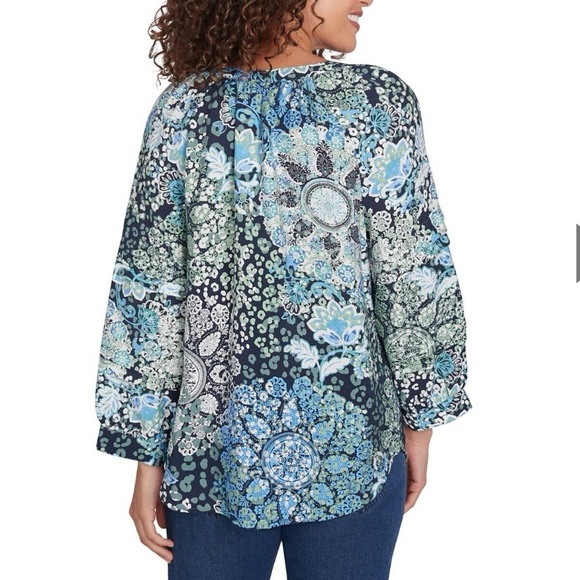 Ruby Rd. Women Peasant Boho Blue Green Patterned Top Plus Size 2X V-Neck Button - Picture 4 of 13